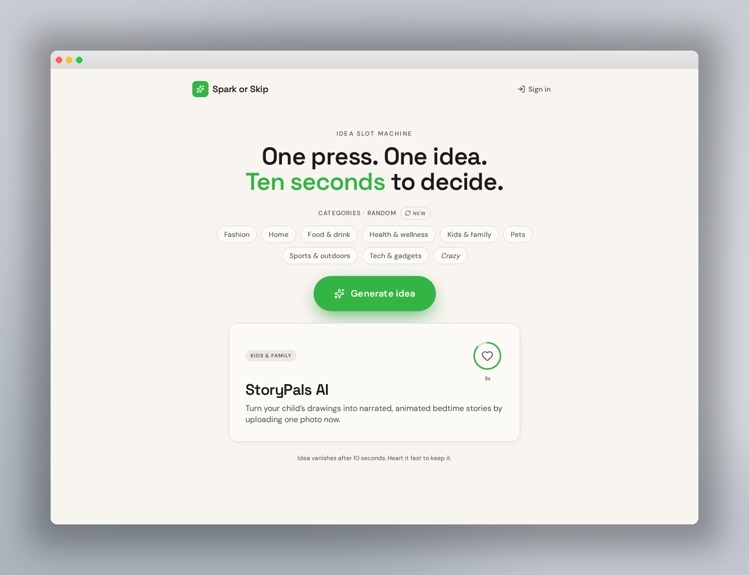 Spark or Skip interface showing a generated Kids & Family startup idea with a heart timer